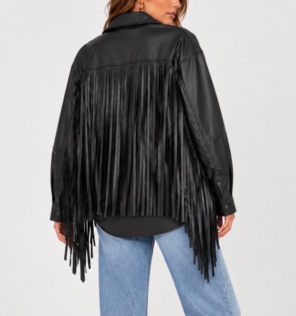Nasty Gal Black Faux Leather Fringe Shirt Jacket Shacket Western Size L NWT